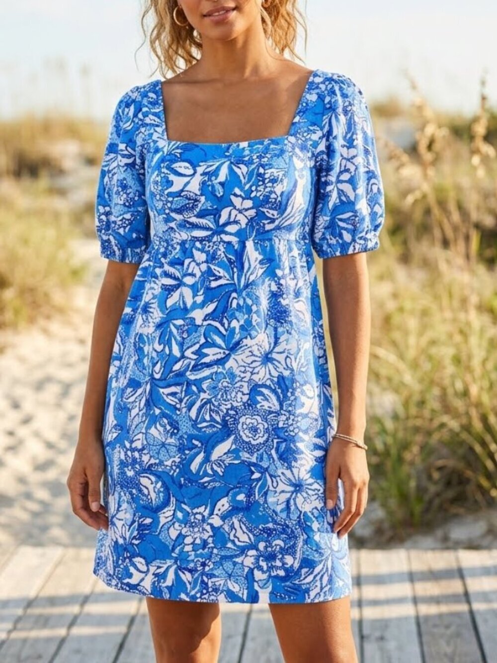 NWOT Lilly Pulitzer Mylie Dress Blue White Floral Square Neck Mini XS